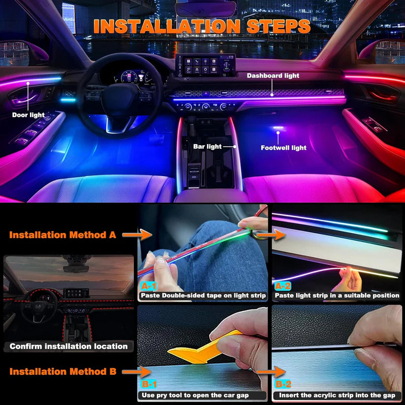 NeoFlow RGB Interior Car Light Kit – Dynamic Ambient LED Strips with App & Music Sync