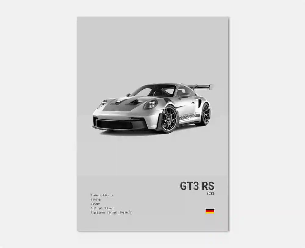 Översiktsvy av Porsche 911 GT3 RS-affisch som visar hela bilen med bred bakvinge, aggressiv frontstötfångare och aerodynamisk racingdesign i svartvitt.