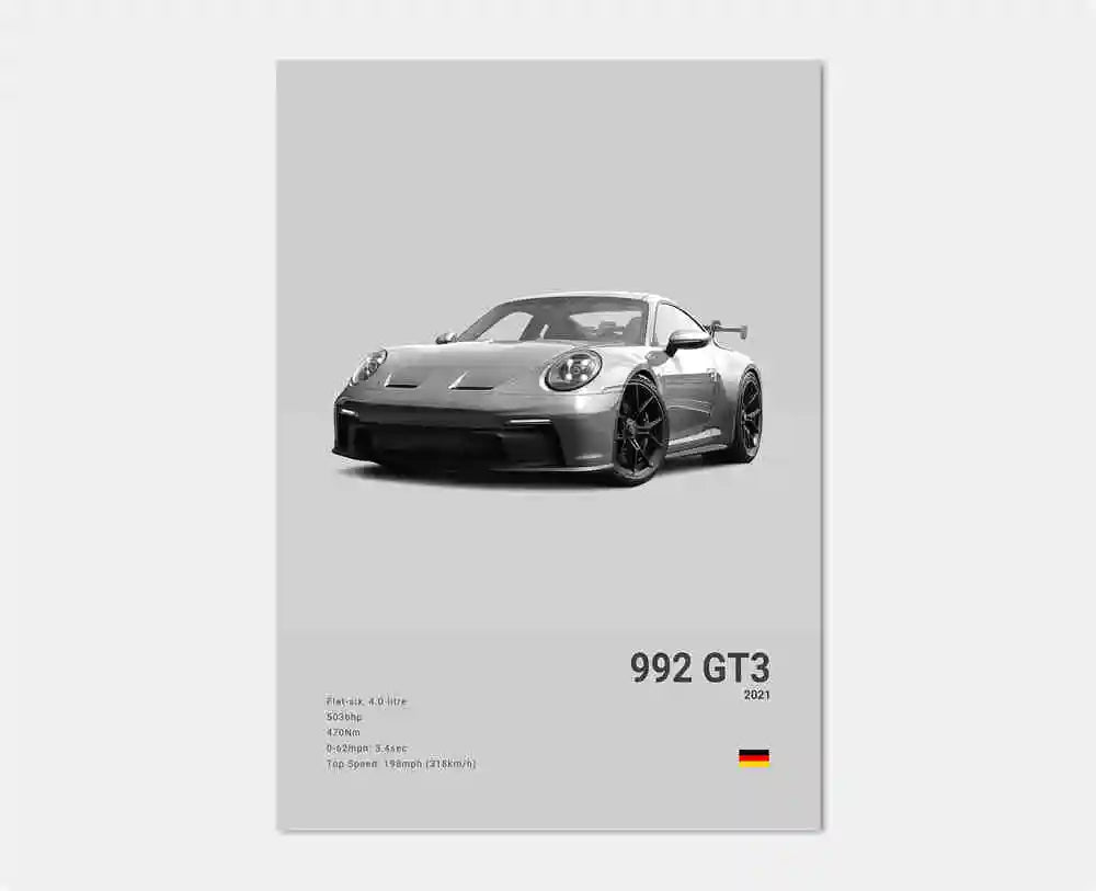Sned framvinkel av Porsche 911 GT3 RS Turbo-affisch som fångar den aggressiva fronten, aerodynamiska linjer och racinginspirerad hållning i svartvitt.