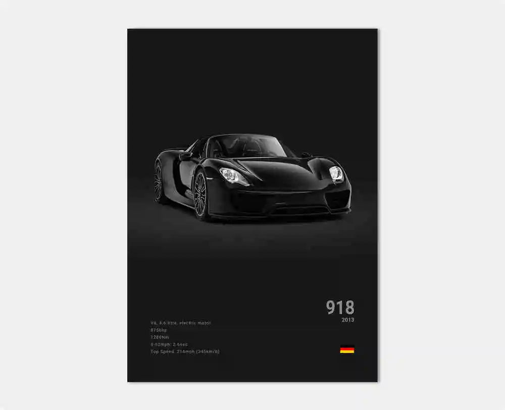 Sidovy av Porsche 918 Spyder-affisch som visar dess eleganta hybriddesign, mjuka aerodynamiska kurvor och signaturlåga profil i monokrom stil.