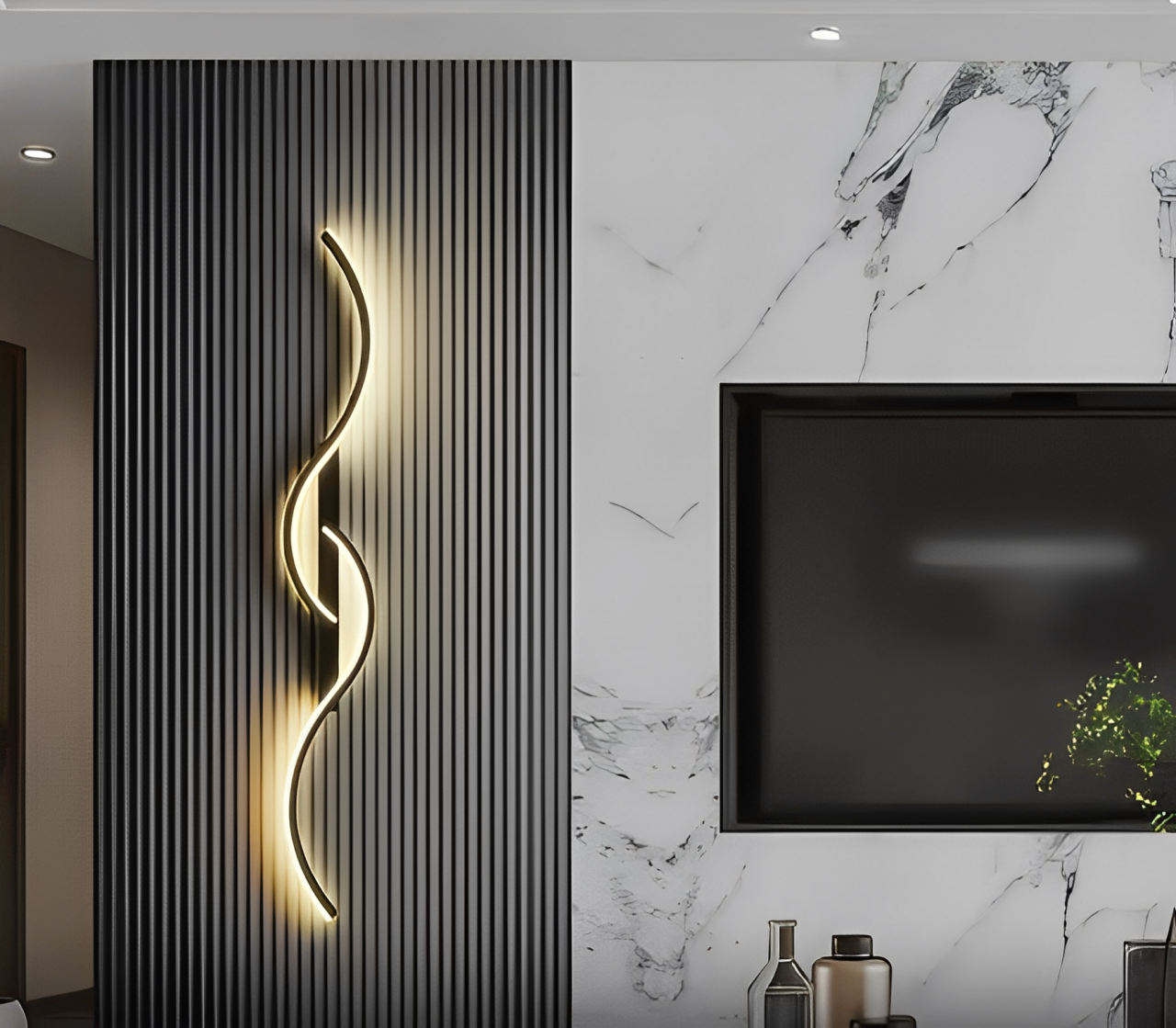 A modern LED wall lamp with a minimalist design, featuring a unique curved structure mounted on a dark wall, with a soft glow providing illumination.