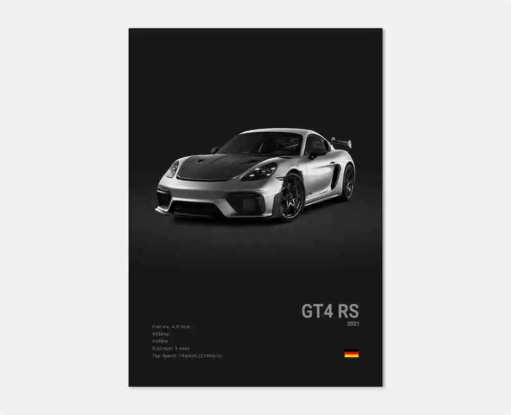 Sidovy av Porsche 718 Cayman GT4-affisch som framhäver eleganta linjer, låg profil och racinginspirerad design i klassisk svartvit stil.