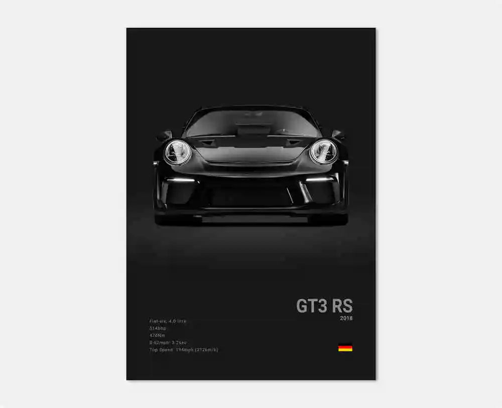 Frontal vy av Porsche 911 GT3-affisch som visar dess karaktäristiska breda frontgrill, aggressiva strålkastare och aerodynamiska frontstötfångare i stilren svartvit design.