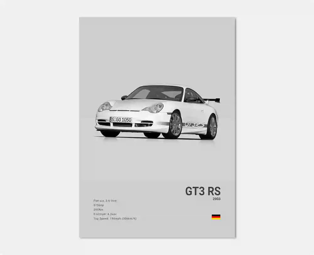 Översiktsvy av vit Porsche 911 GT3 RS-affisch som visar hela bilen med dess aerodynamiska kaross, stora bakvinge och sportiga detaljer i ren svartvit design.