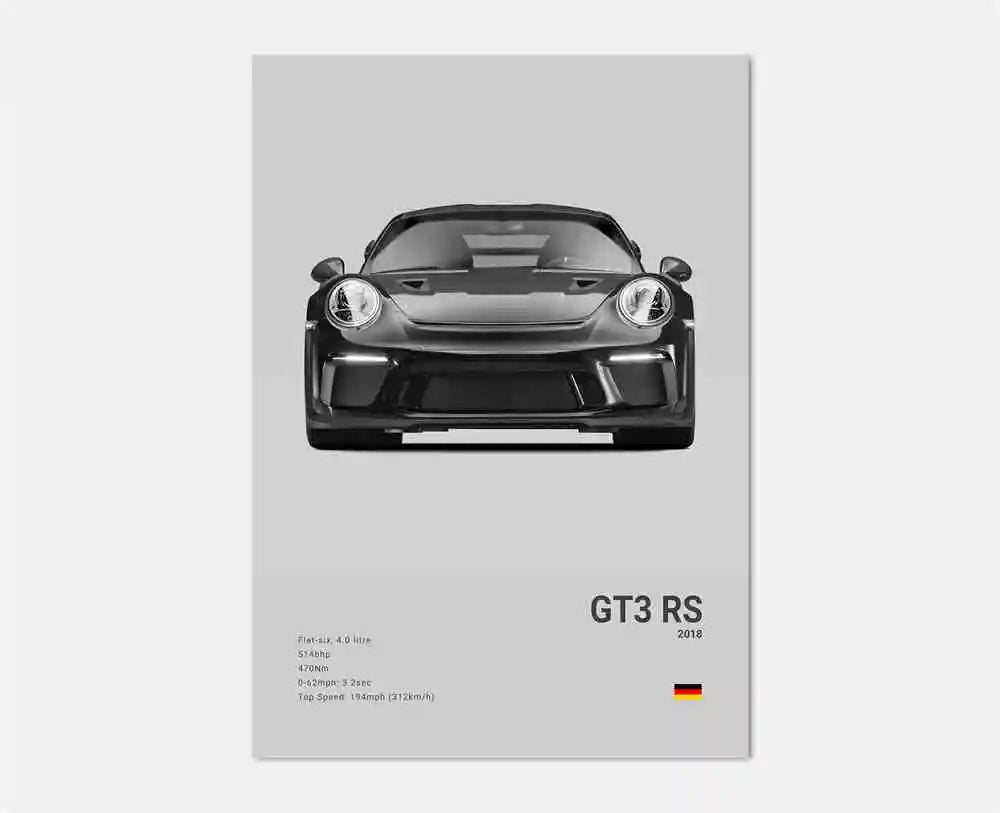 Översiktsvy av Porsche 911 GT3 RS-affisch som visar hela bilen med dess breda bakvinge, aggressiva aerodynamiska kaross och racinginspirerade design i slående svartvit stil.