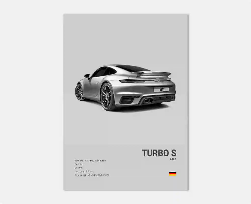 Bakre vy av Porsche 911 Turbo S-affisch som visar den breda bakspoilern, karakteristiska bakljus och dubbla avgasrör i en stilren svartvit komposition.
