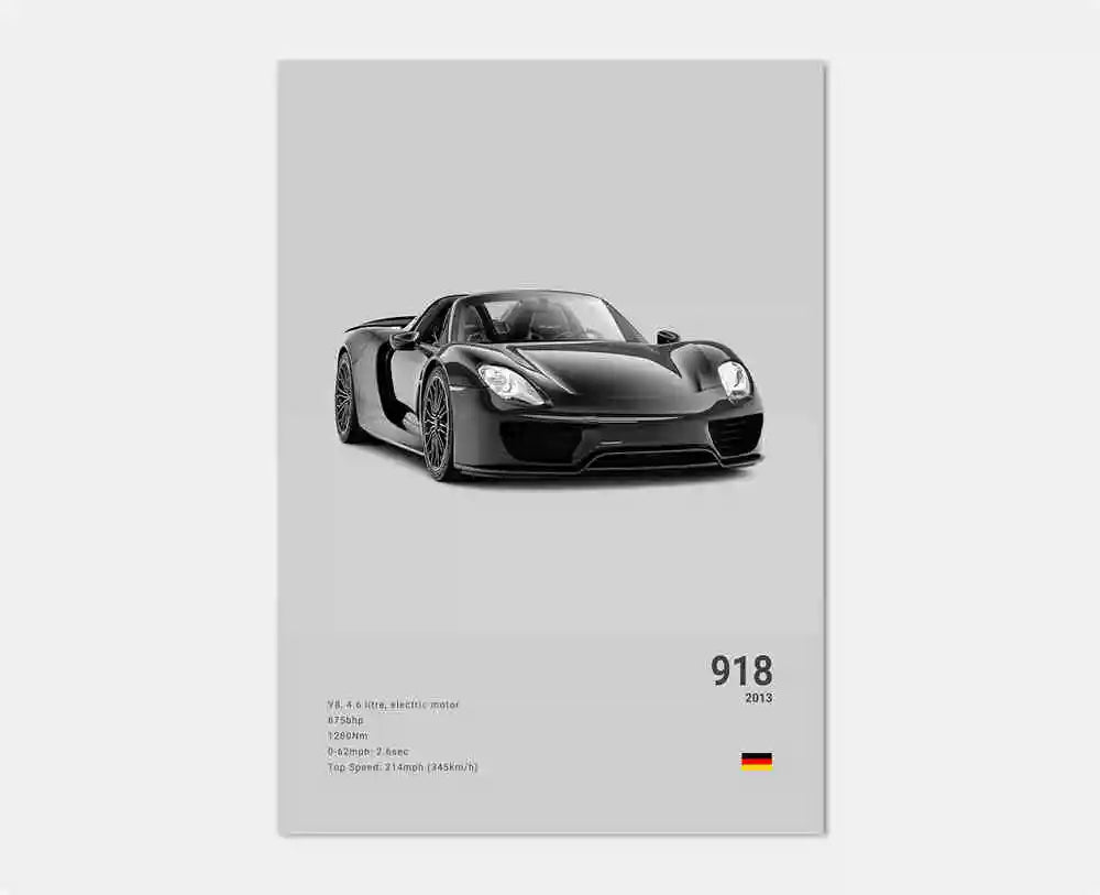 Frontal vy av Porsche 918 Spyder-affisch som visar bilens låga, futuristiska profil, välvda LED-strålkastare och aerodynamisk frontdesign i slående svartvitt.