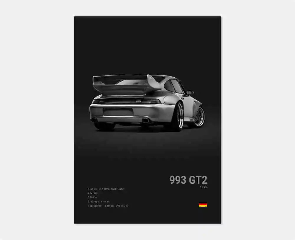 Bakre vy av Porsche 993 GT2-affisch som visar den ikoniska breda bakvingen, klassiska runda bakljus och dubbla avgasrör i en slående svartvit stil.