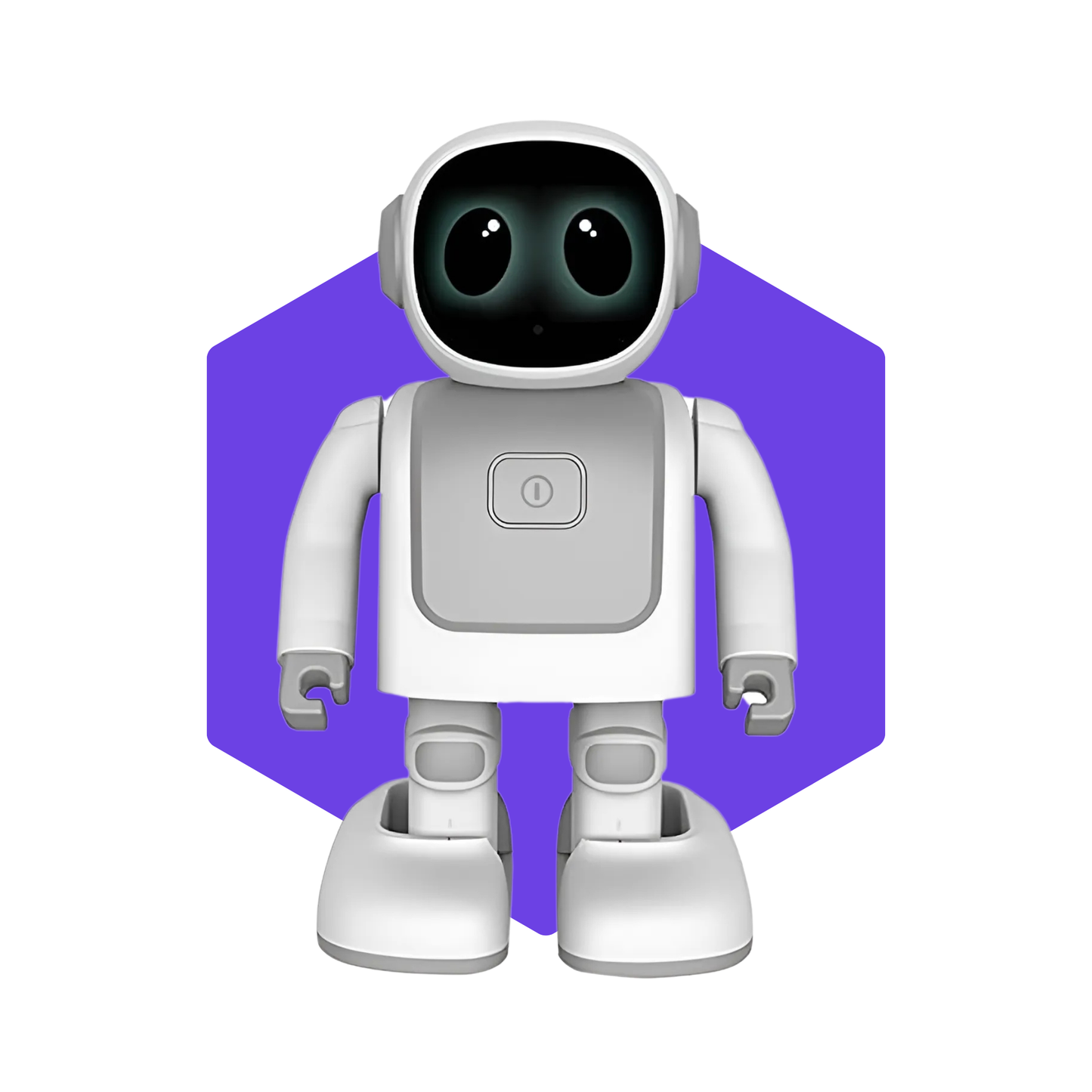 Robert Robot står med lysande LED-ögon och vänligt uttryck