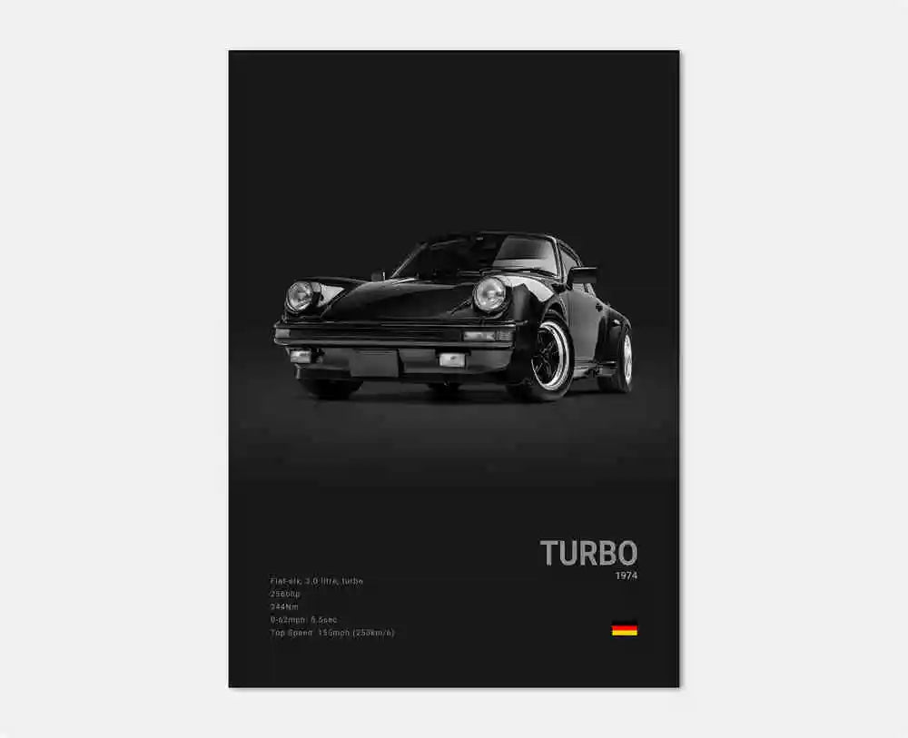 Frontal vy av Porsche 911 Turbo-affisch som visar ikoniska runda strålkastare, bred frontgrill och sportiga aerodynamiska kurvor i svartvitt.