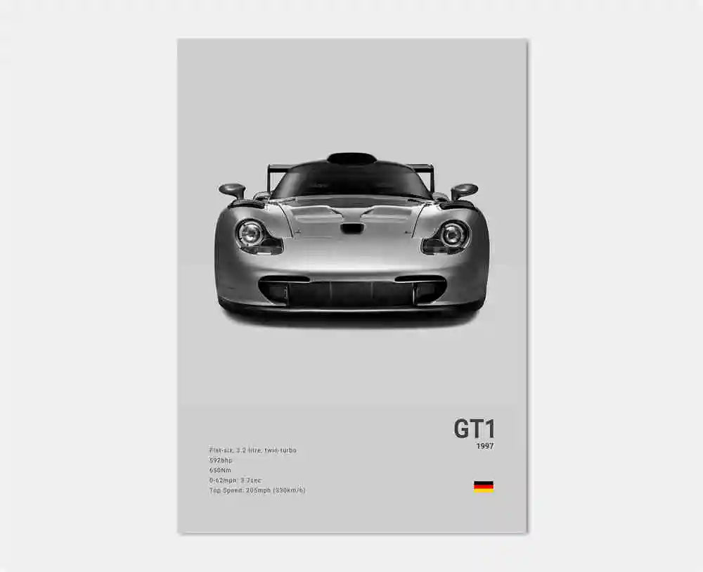 Frontal vy av Porsche 911 GT1-affisch som framhäver den aerodynamiska racingdesignen, bred frontsplitter och slanka strålkastare i monokrom svartvitt.