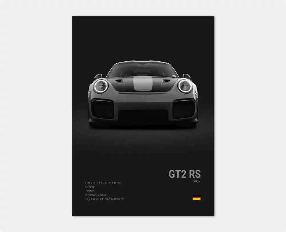 Frontal vy av Porsche 911 GT2 RS-affisch som visar aggressiv frontsplitter, breda luftintag och aerodynamisk motorhuv i högkontrast svartvitt.