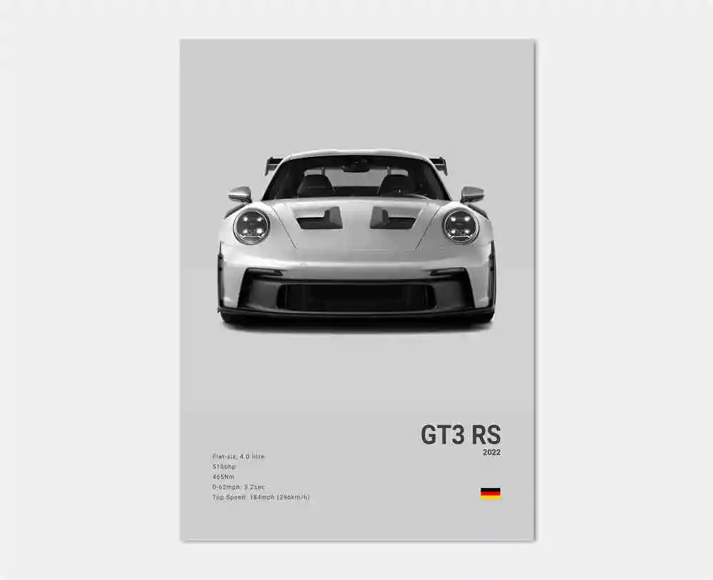 Frontal vy av svartvit 911 GT3 RS Turbo-affisch som visar skarpa linjer och dynamisk hållning.