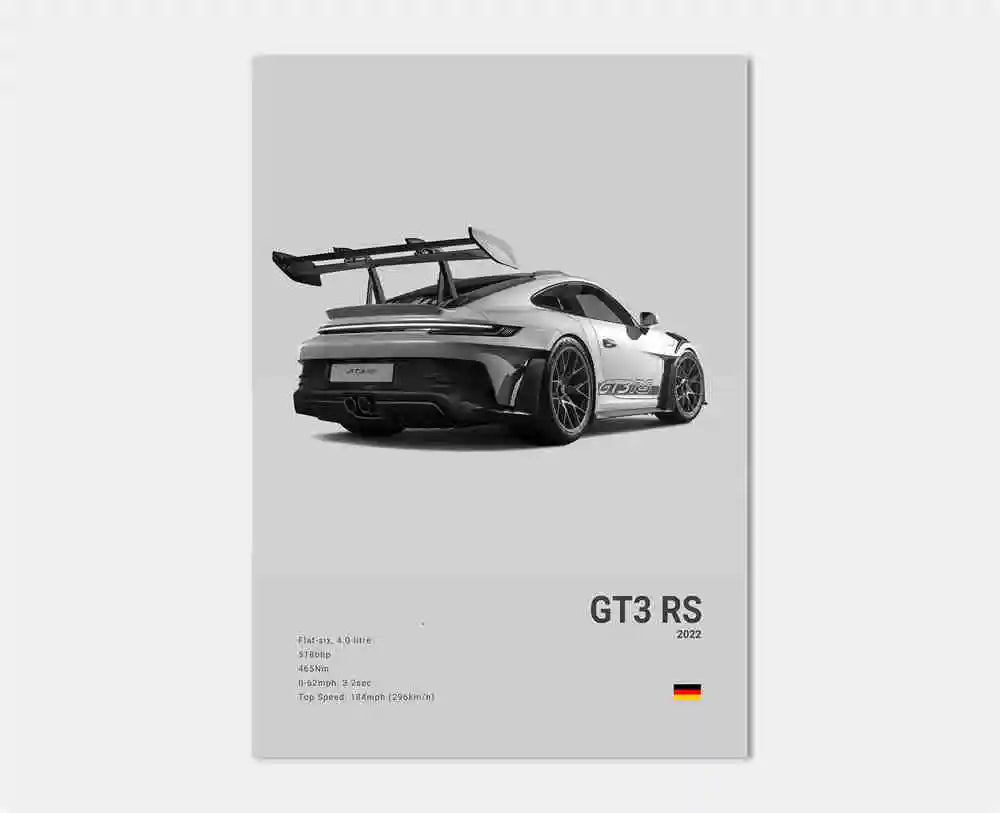 Sidovy av Porsche 911 GT3 RS Turbo-affisch som visar bilens slanka silhuett och ikoniska sportiga linjer i svartvitt.