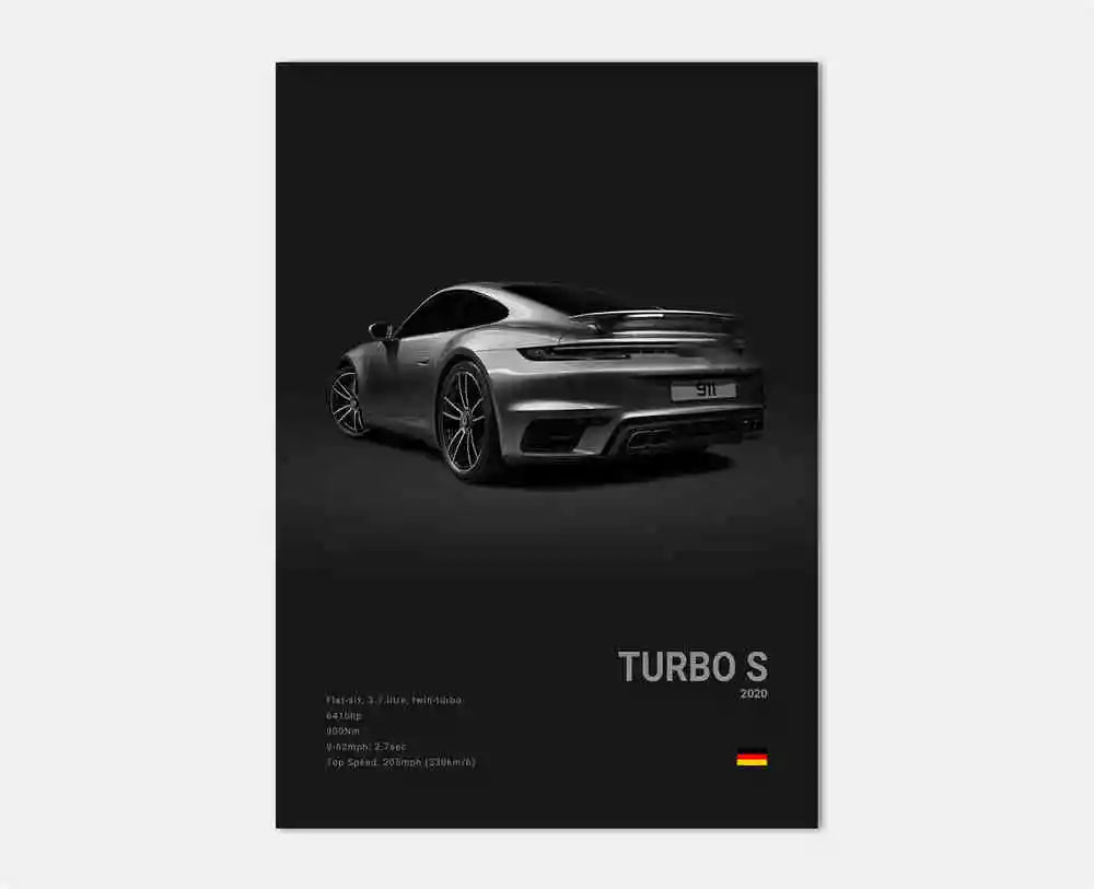 Bakre vy av svart Porsche 911 GT3 RS Turbo-affisch som framhäver bred spoiler, muskulösa bakskärmar och djärva designdetaljer i monokromt.
