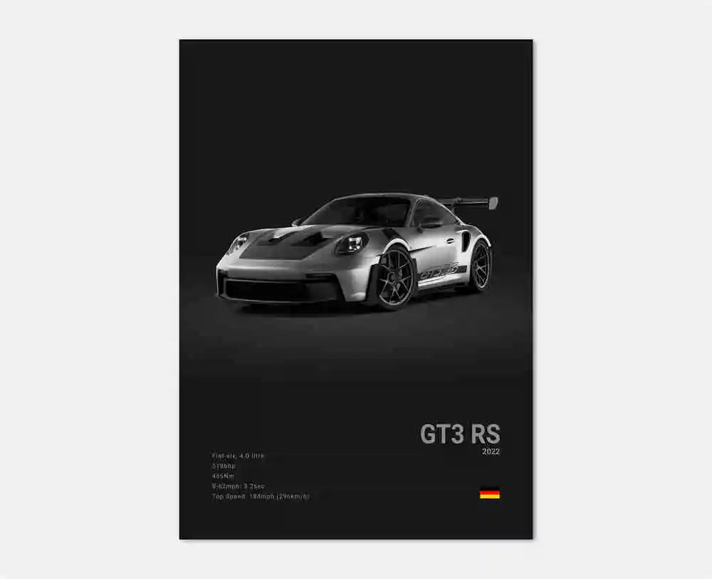 Sned sidovy av Porsche 911 GT3-affisch som framhäver bilens aerodynamiska profil, aggressiva front och breda bakhjulssköldar i stilren svartvit design.