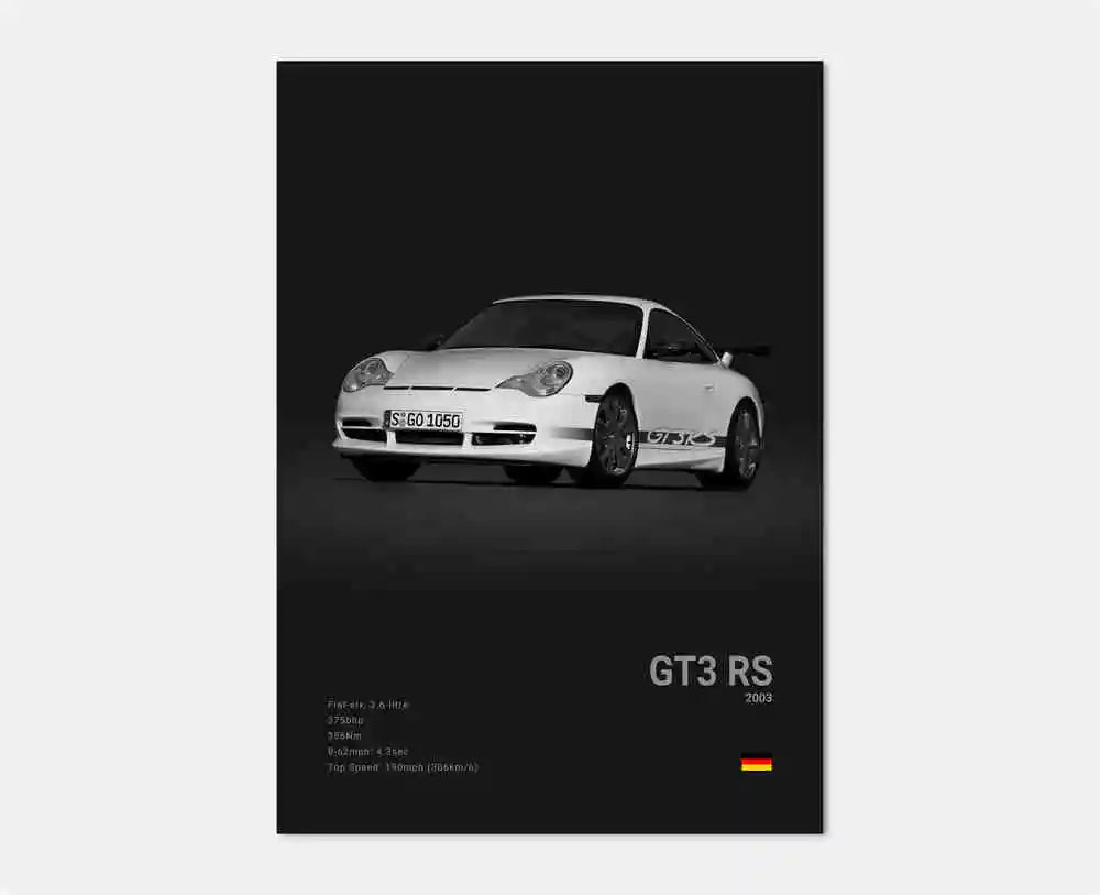 Översiktsvy av vit Porsche 911 GT3 RS-affisch som visar hela bilen med eleganta aerodynamiska linjer, framträdande bakvinge och sportiga detaljer i ren monokrom stil.