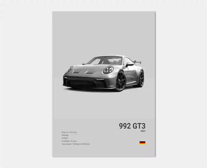 Sned framvinkel av Porsche 911 GT3 RS Turbo-affisch som fångar den aggressiva fronten, aerodynamiska linjer och racinginspirerad hållning i svartvitt.