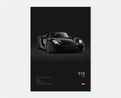 Sidovy av Porsche 918 Spyder-affisch som visar dess eleganta hybriddesign, mjuka aerodynamiska kurvor och signaturlåga profil i monokrom stil.