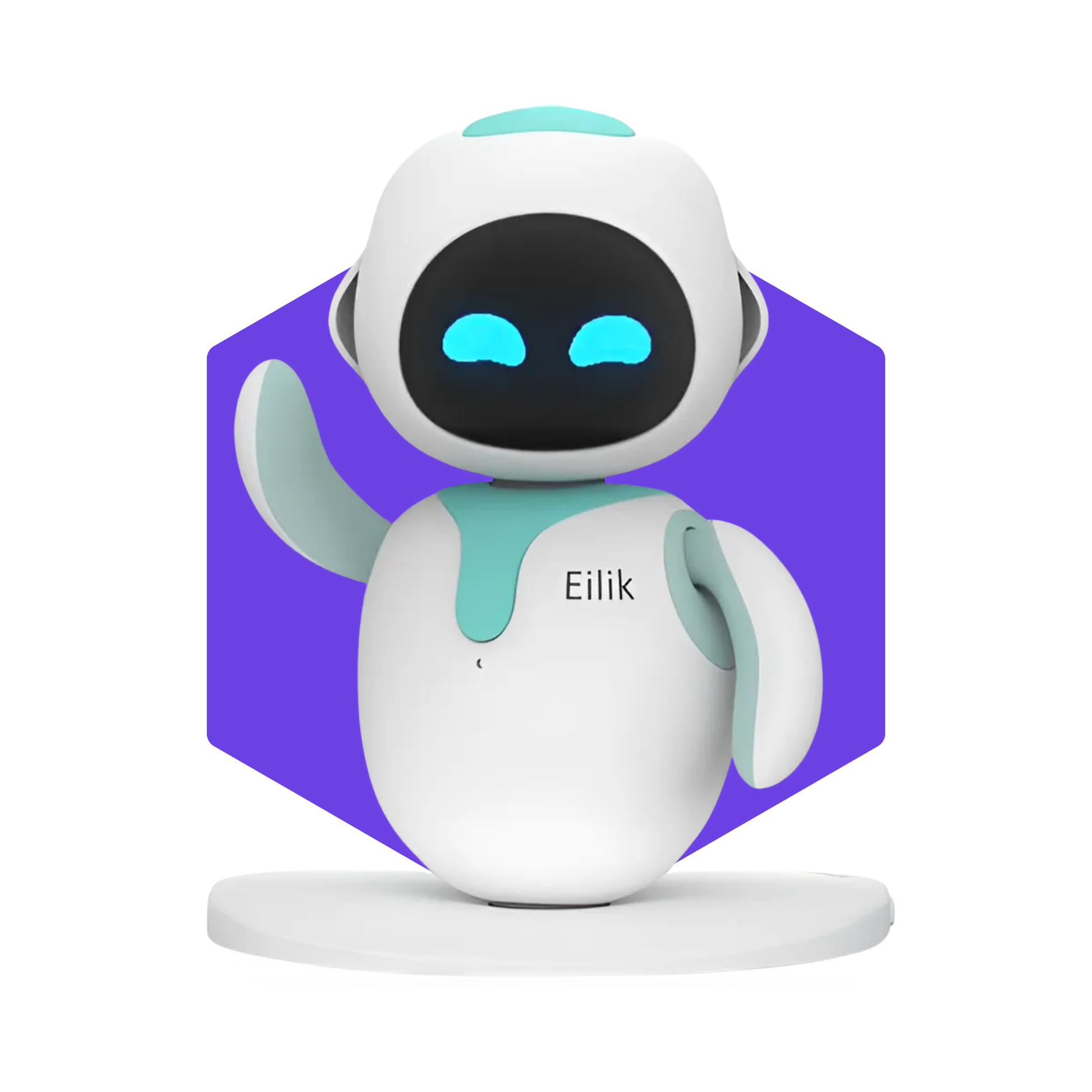 Blue Eilik robot showcasing its expressive LED face and playful design