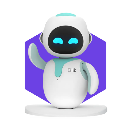 Blue Eilik robot showcasing its expressive LED face and playful design