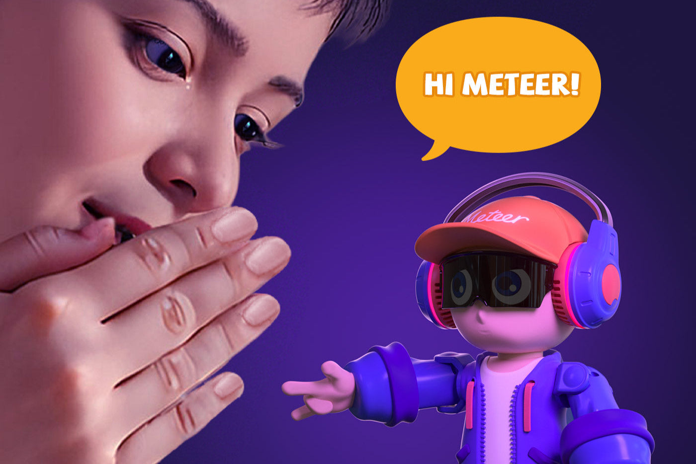 Child and robot with 'HI METEER!' speech bubble on purple background