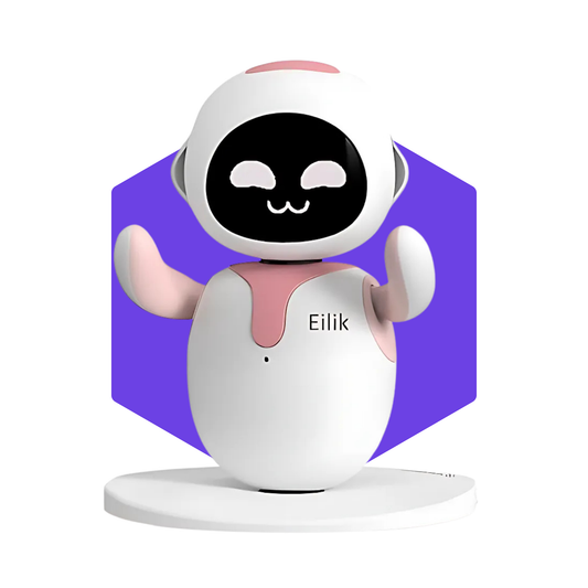 Pink Eilik robot with animated LED face, displaying a cute expression