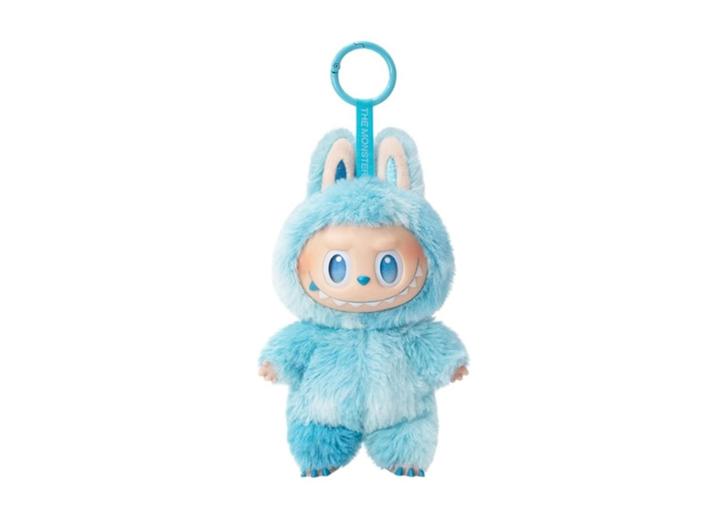 Blue plush toy with a strap on a white background