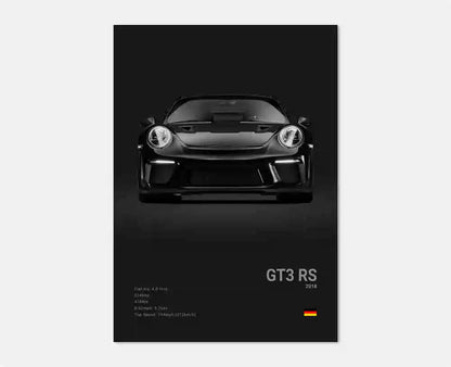  Frontal vy av Porsche 911 GT3-affisch som visar dess karaktäristiska breda frontgrill, aggressiva strålkastare och aerodynamiska frontstötfångare i stilren svartvit design.