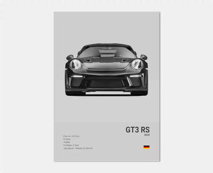 Översiktsvy av Porsche 911 GT3 RS-affisch som visar hela bilen med dess breda bakvinge, aggressiva aerodynamiska kaross och racinginspirerade design i slående svartvit stil.