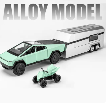 1/32 Tesla Cybertruck Pickup Trailer Legering Bilmodell Diecasts Metallleksak Terrängfordon Lastbilsmodell Ljud och lätt Barnpresenter