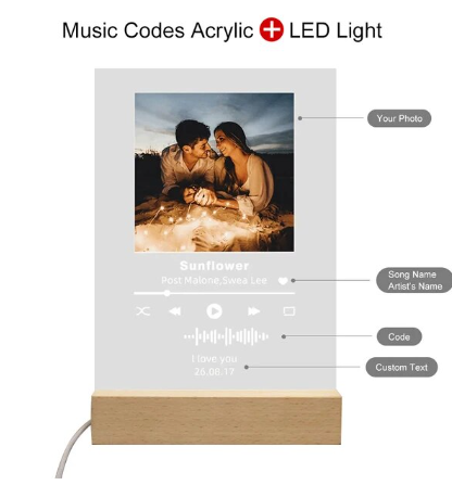 Anpassad Personlig Foto Akrylplakett Spotify Musikkoder Sång Albumomslag LED-ljuslampa för par Födelsedagsjulklappar