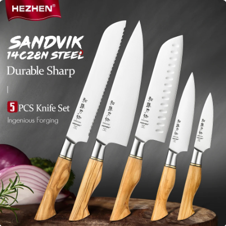 HEZHEN 1-5PC Knivset Sandivik 14C28N Stål Rostfritt Stål Kock Santoku Utility Skala Kökskniv För Kött Vass Kökskniv