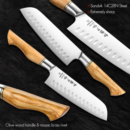 HEZHEN 1-5PC Knivset Sandivik 14C28N Stål Rostfritt Stål Kock Santoku Utility Skala Kökskniv För Kött Vass Kökskniv