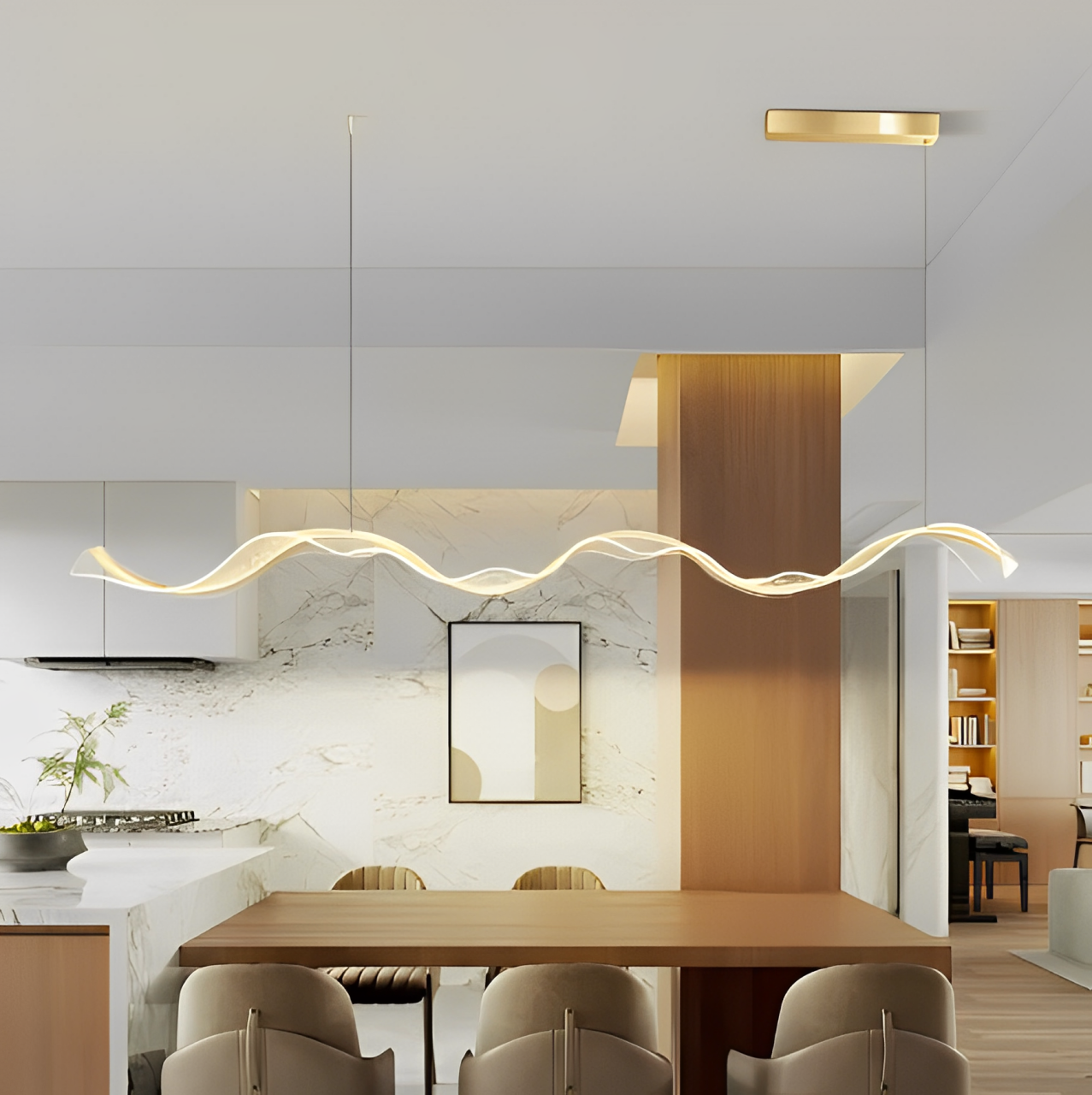 Konstnärlig LED-ljuskrona som tillför elegans och mjuk belysning till rummet.
Artistic LED chandelier adding sophistication and soft illumination to the room.