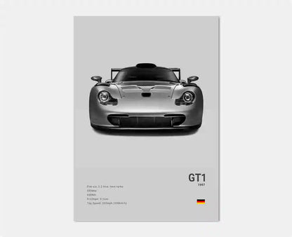 Frontal vy av Porsche 911 GT1-affisch som framhäver den aerodynamiska racingdesignen, bred frontsplitter och slanka strålkastare i monokrom svartvitt.