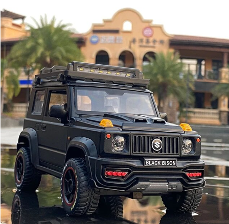 A green SUZUKI Jimny alloy model car with black details, placed on a wet surface, showcasing its realistic design.