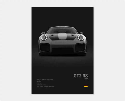 Frontal vy av Porsche 911 GT2 RS-affisch som visar aggressiv frontsplitter, breda luftintag och aerodynamisk motorhuv i högkontrast svartvitt.