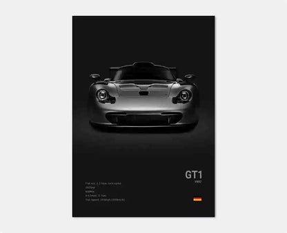 iFrontal vy av Porsche 911 GT3 RS Turbo-affisch som visar djärv frontgrill, skarpa strålkastare och aerodynamiska linjer i svartvitt.